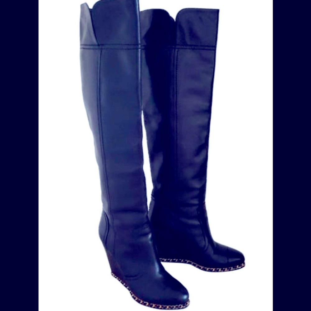 CHANEL black calve skin cc logo over the knee boot